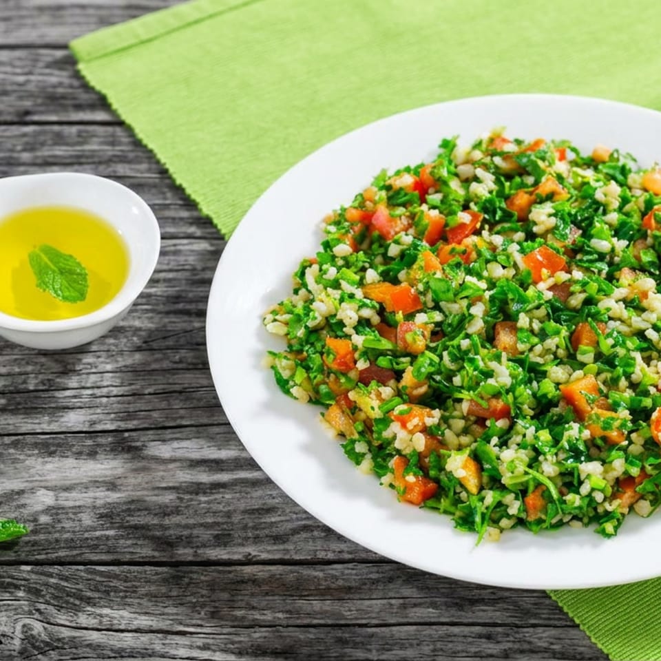 White plate of tabbouleh salad with bulgur, chopped greens, tomatoes, and carrots beside mint-infused oil on a wooden table.