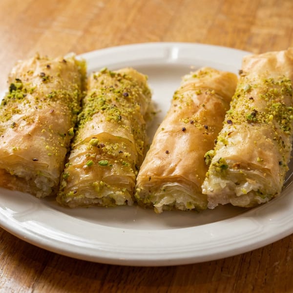 Four golden pistachio-topped baklava rolls arranged on a white plate atop a wooden table.