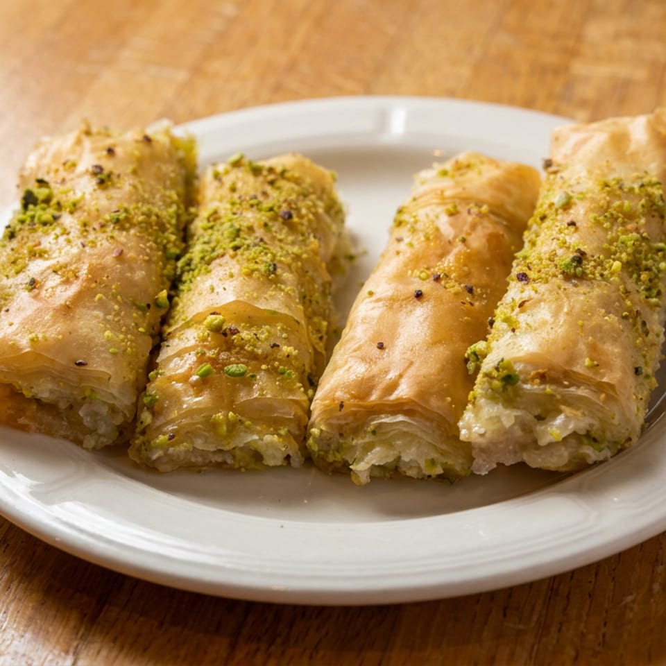 Four golden pistachio-topped baklava rolls arranged on a white plate atop a wooden table.