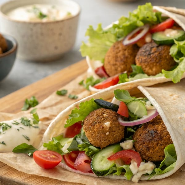 Two falafel wraps with lettuce, tomatoes, cucumber, and onions on a wooden board, accompanied by falafel balls and tahini sauce.