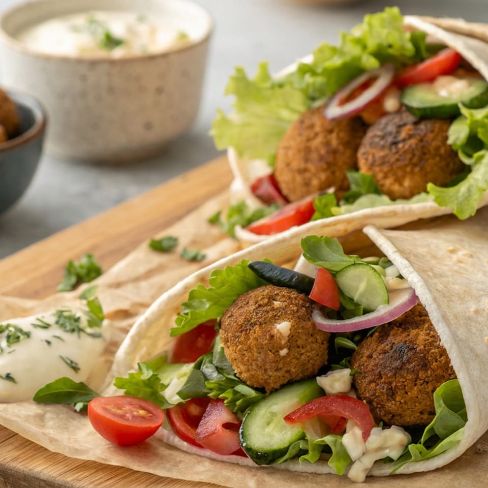 Two falafel wraps with lettuce, tomatoes, cucumber, and onions on a wooden board, accompanied by falafel balls and tahini sauce.