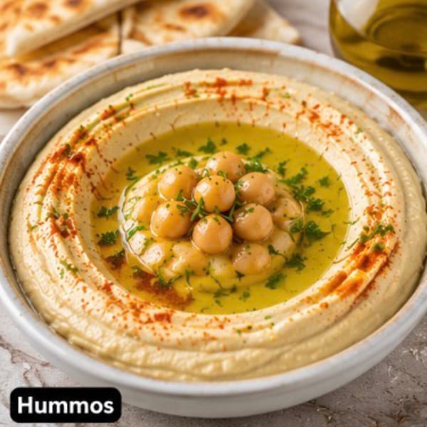 Bowl of creamy hummus topped with chickpeas, olive oil, parsley, and paprika, with flatbread in the background.