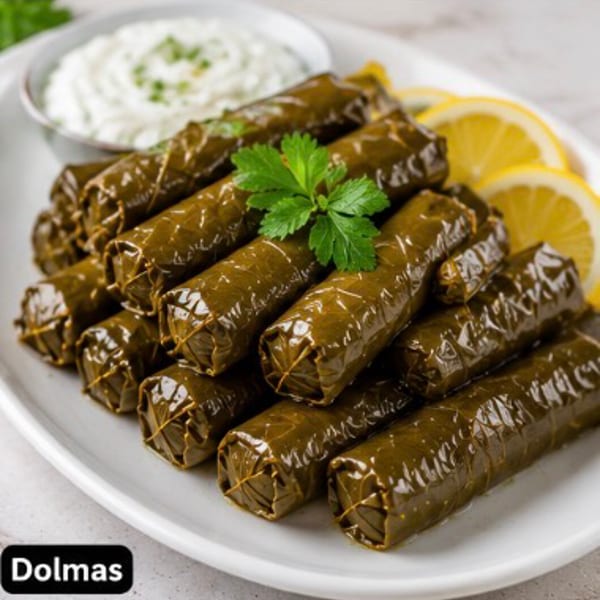 Plate of stuffed grape leaves garnished with parsley, served with lemon slices and creamy yogurt sauce.